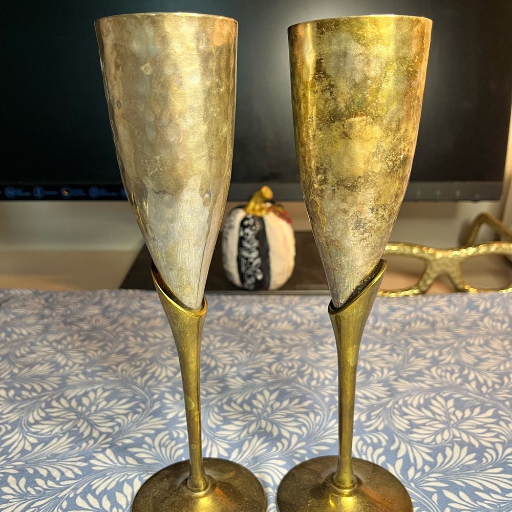 Vintage Brass Champagne Flutes (2)